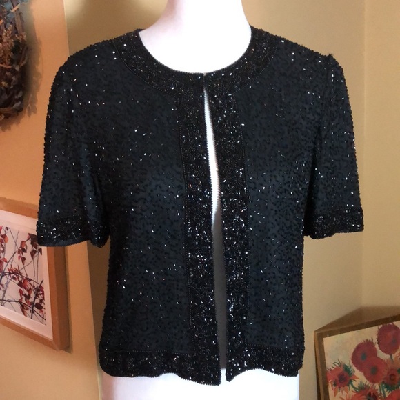 Vintage Y2K STENAY Size Small Beaded Silk Evening Top Blazer Ink Black Elegant - Picture 1 of 16